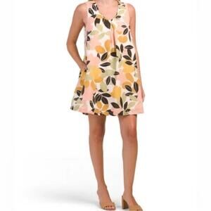 Rachel Zoe Dress 100% Linen Floral Mini Sleeveless Swing Pleated V Neck S